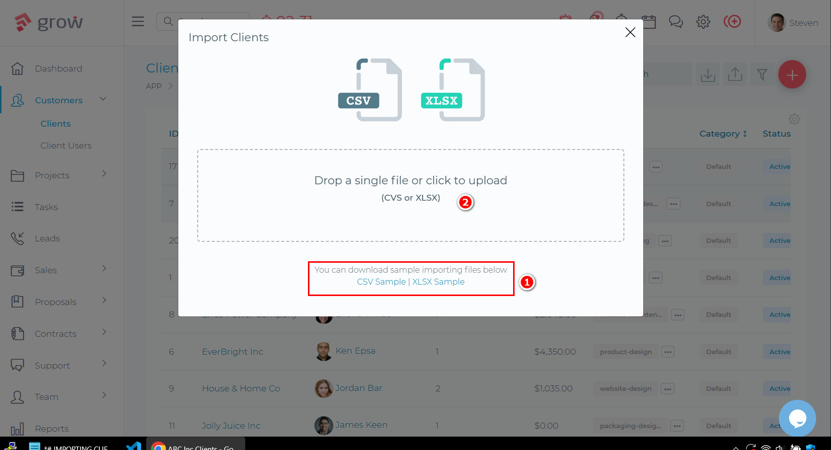 Import clients modal window with upload area